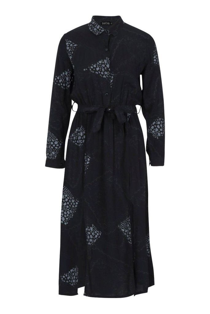 Womens Woven Animal Chain Print Belted Midi Shirt Dress - black - 14, Black