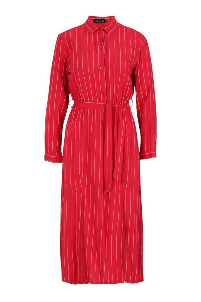 Womens Woven Pinstripe Tie Belt Midi Skirt Dress - red - 12, Red