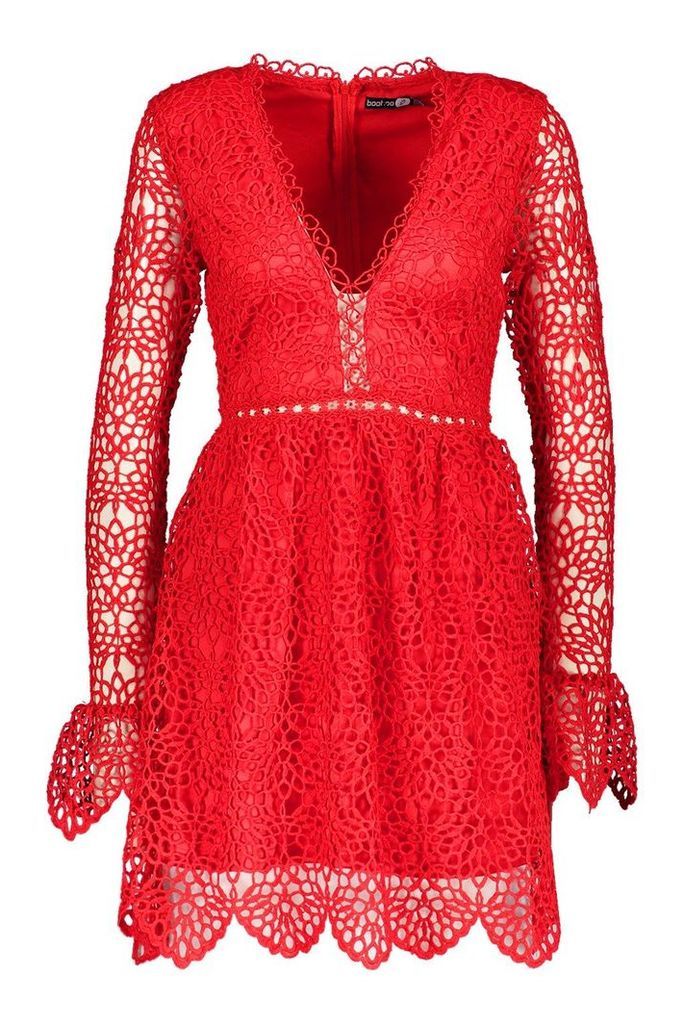 Womens Premium Lace Flared Sleeve Skater Dress - 8, Red