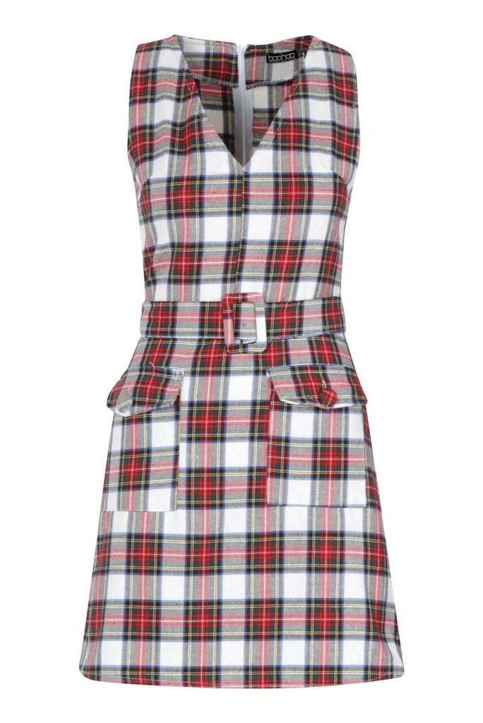 Womens Check Belted Pocket Pinny - red - 8, Red