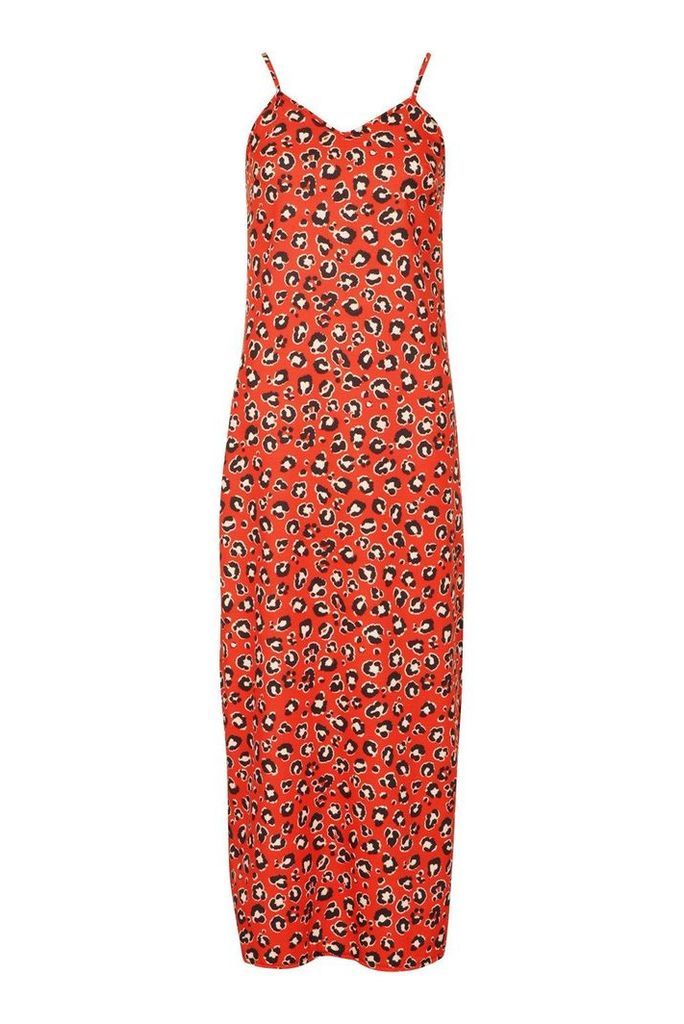 Womens Woven Leopard Maxi Slip Dress - Red - 14, Red