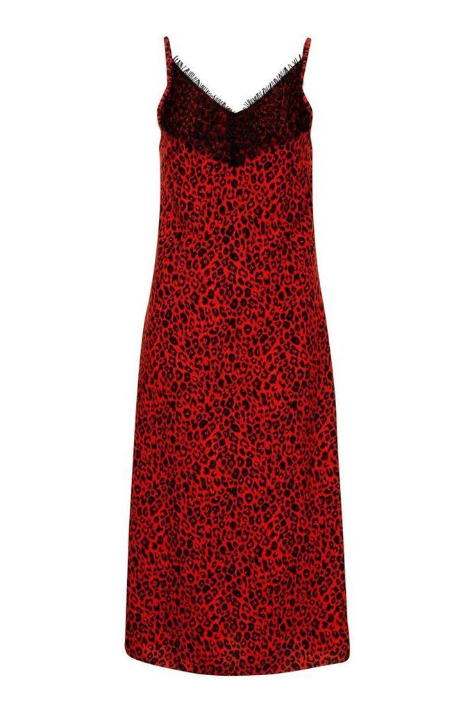 Womens Woven Lace Leopard Slip Dress - red - 10, Red