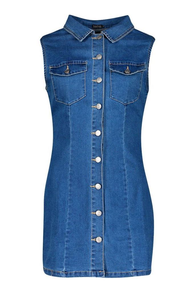 Womens Denim Sleeveless Button Front Dress - blue - XL, Blue