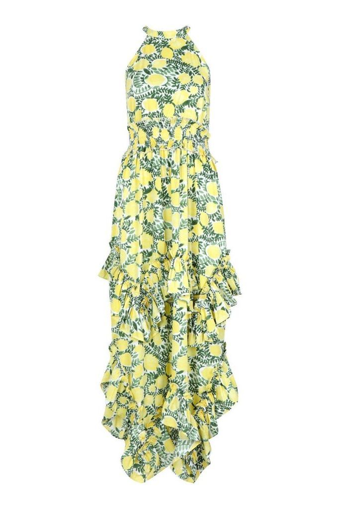 Womens Ruffle Detail Halterneck Floral Maxi Dress - yellow - 14, Yellow
