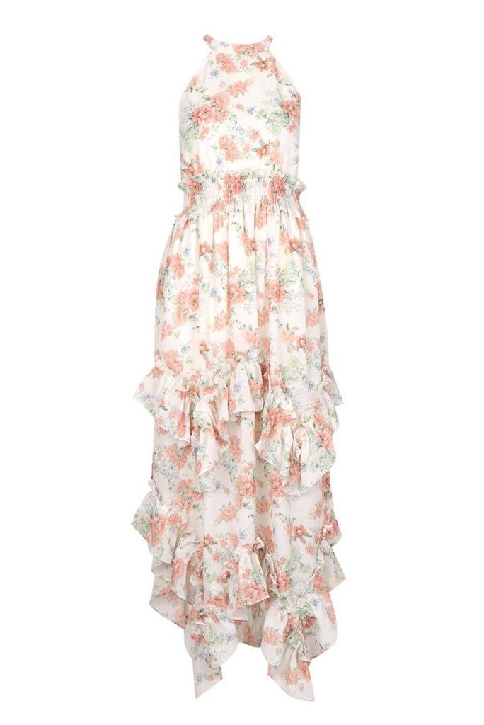 Womens Floral Shirred Waist Ruffle Detail Maxi Dress - Beige - 14, Beige