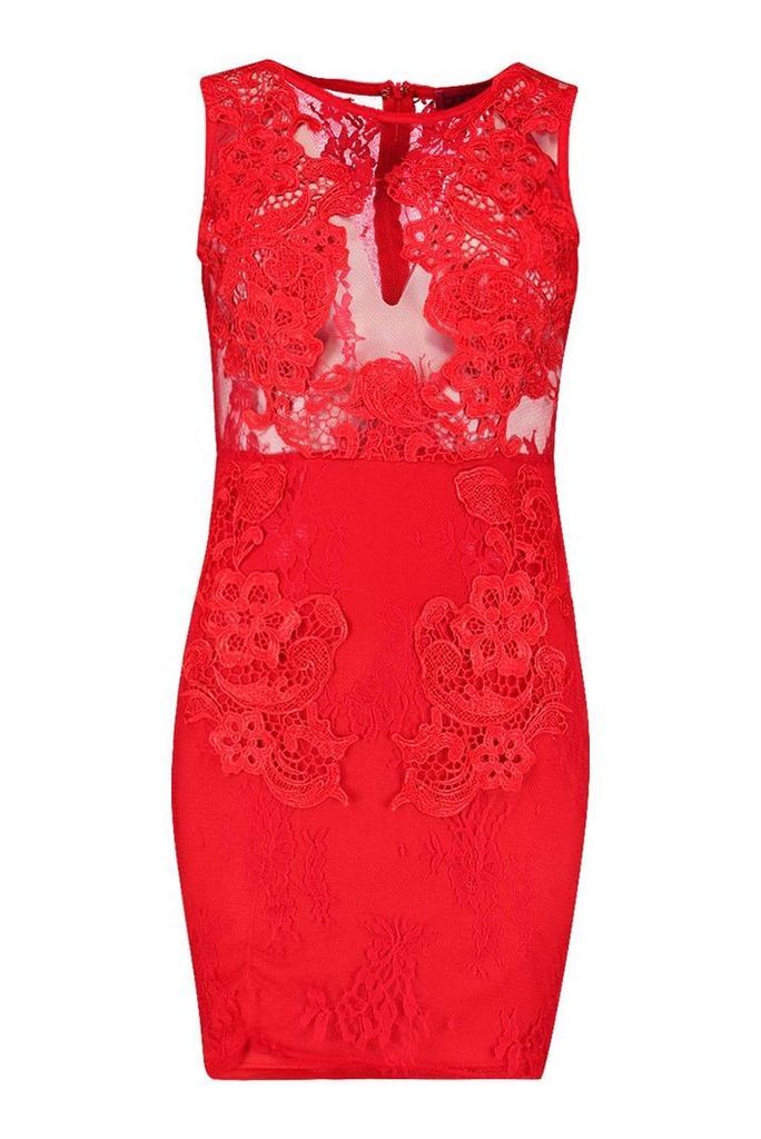 Womens Embroidery Lace And Mesh Detail Bodycon Dress - red - 8, Red