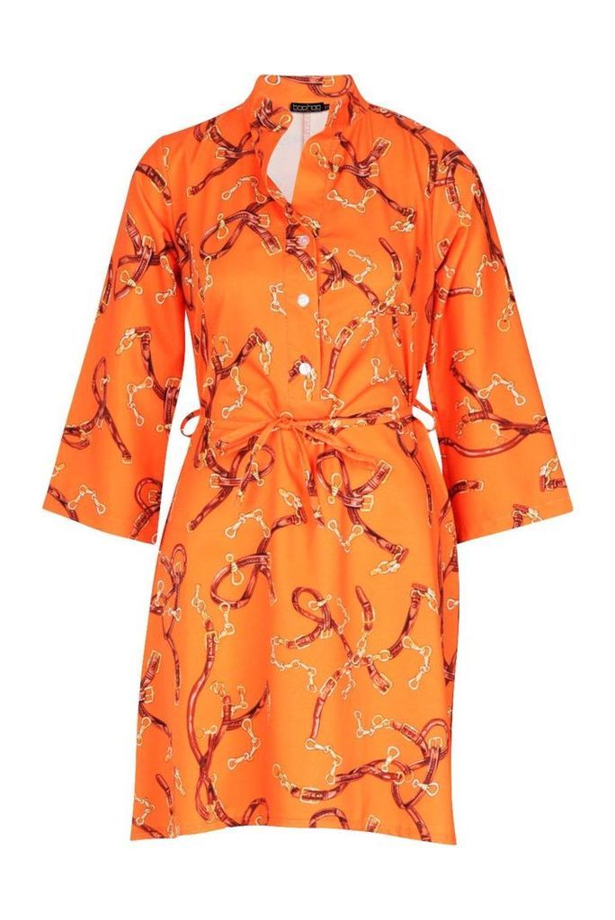Womens Woven Chain Print Belted Shirt Dress - orange - 10, Orange