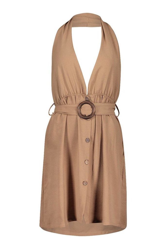 Womens Linen Look O-Ring Buckle Shift Dress - brown - 8, Brown