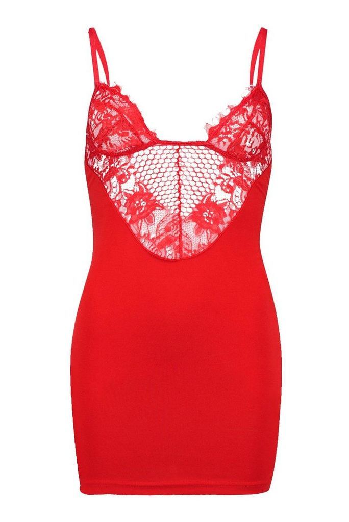 Womens Lace Insert Bodycon Dress - red - M, Red