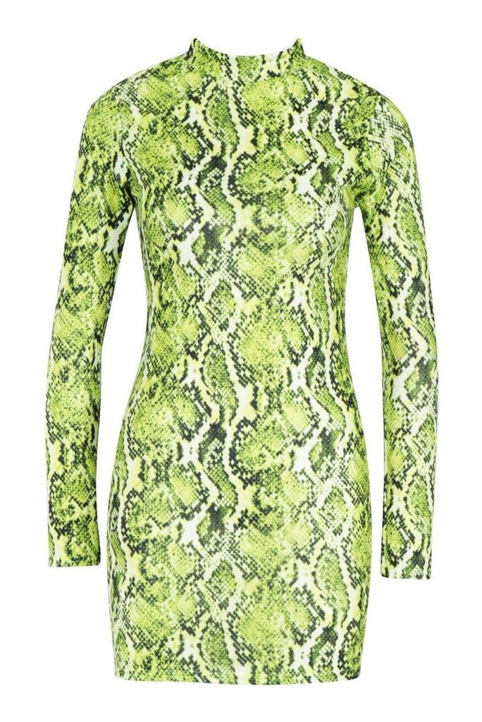 Womens Green Snake Print High Neck Mini Dress - 14, Green