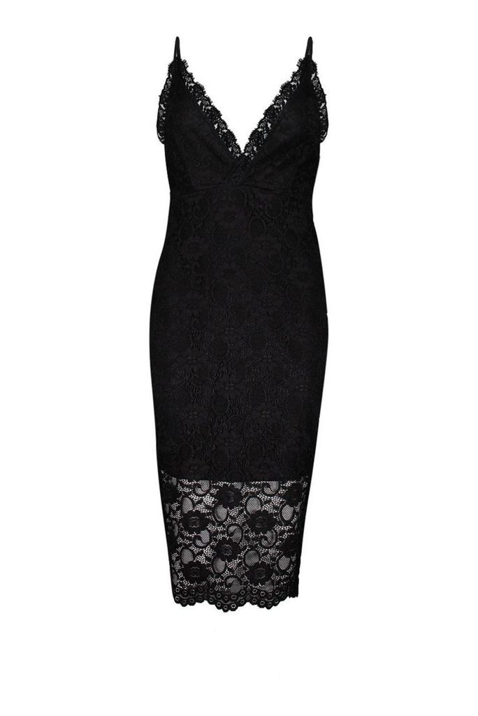 Womens Lace Plunge Midi Dress - black - 6, Black