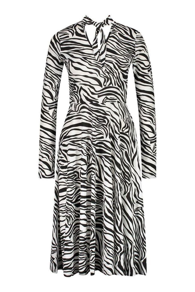 Womens Tie Neck Tiger Print Midi Dress - black - 8, Black