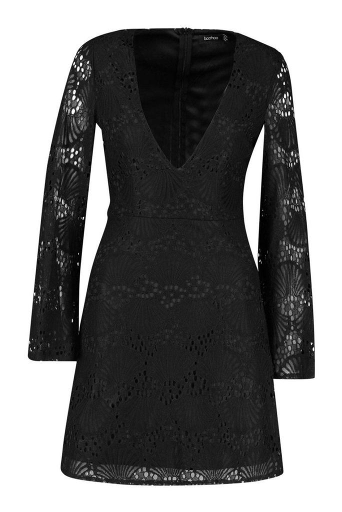 Womens Lace Plunge Skater Dress - black - 8, Black