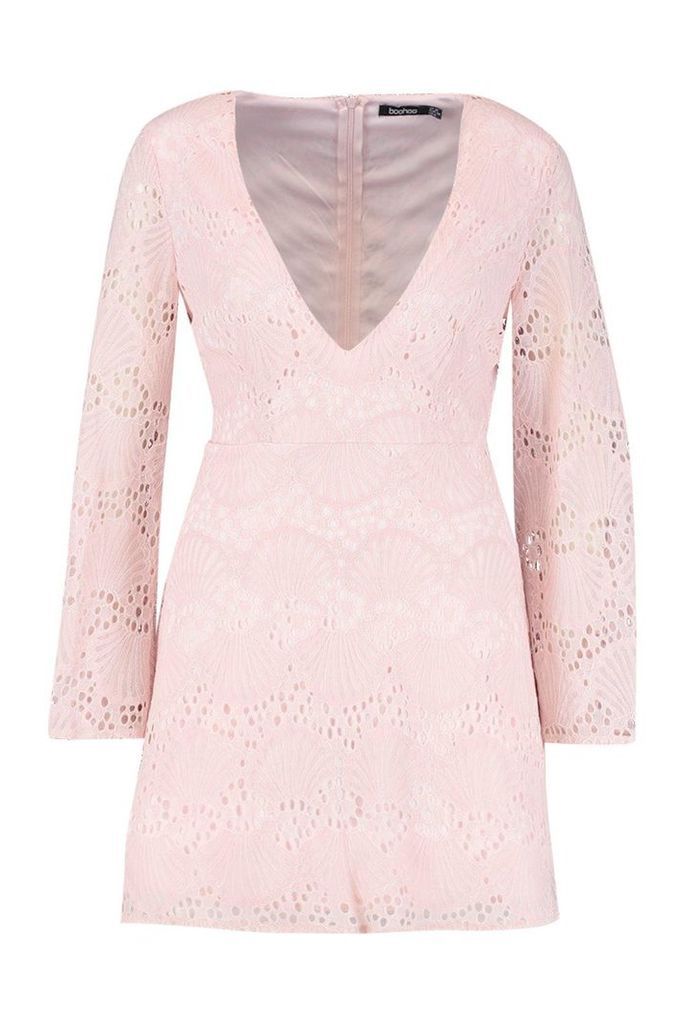 Womens Lace Plunge Skater Dress - Pink - 8, Pink