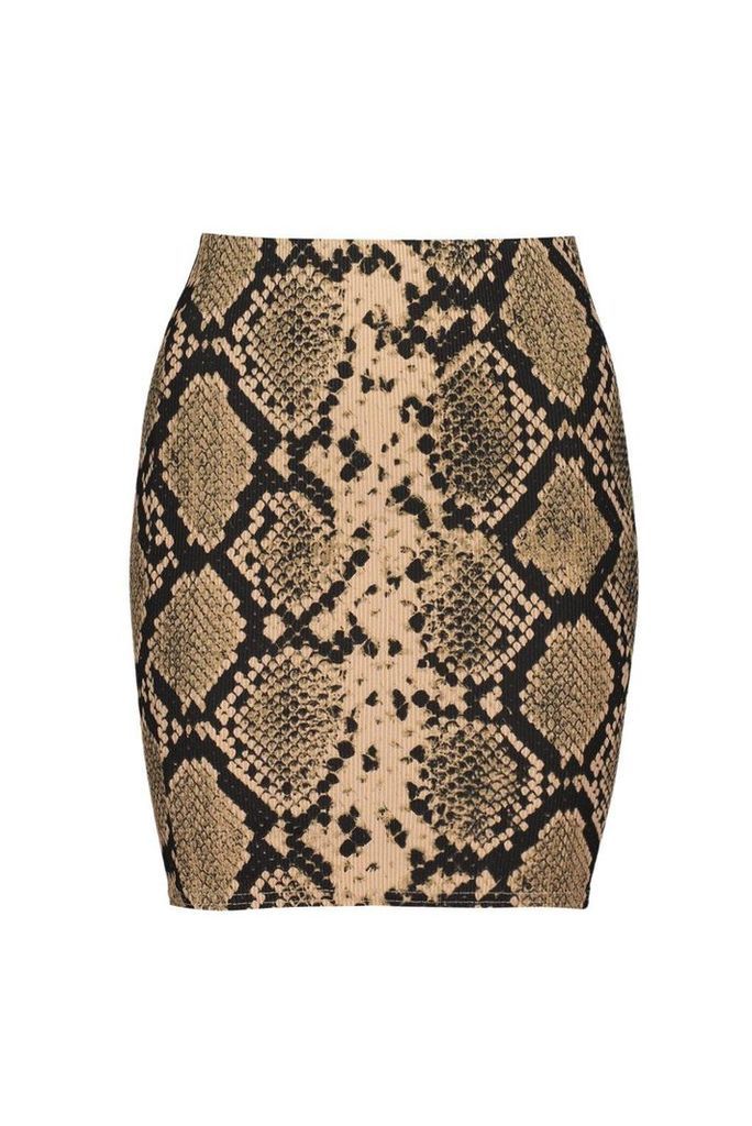 Womens Ribbed Snake Mini Skirt - Brown - 16, Brown