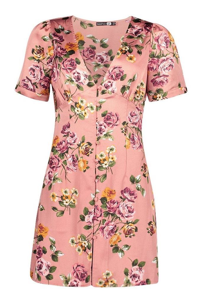 Womens Satin Floral Button Tea Dress - pink - 16, Pink