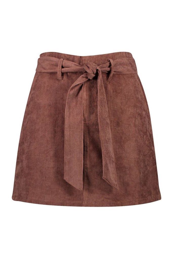 Womens Pocket Front Tie Waist Cord A Line Mini Skirt - Brown - 14, Brown
