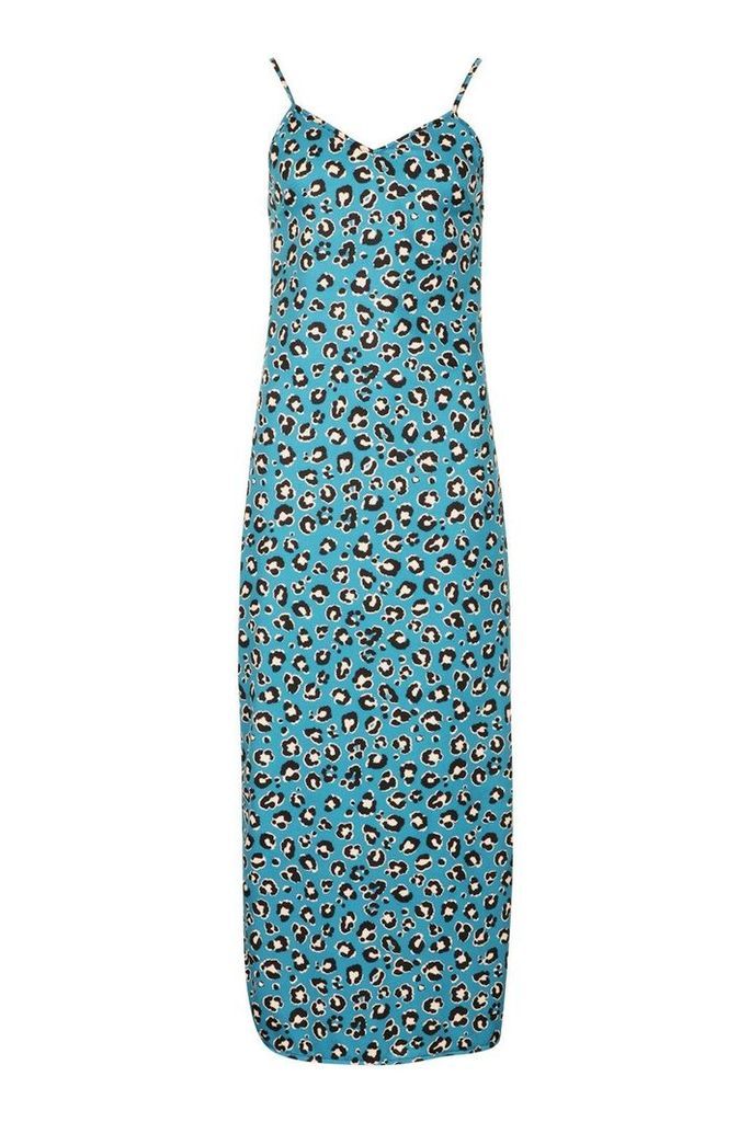 Womens Woven Leopard Maxi Slip Dress - Blue - 14, Blue