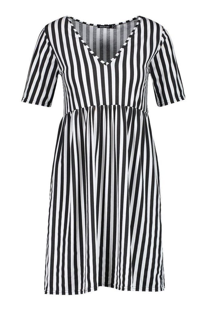 Womens Mono Stripe Short Sleeve Smock Dress - White - 14, White