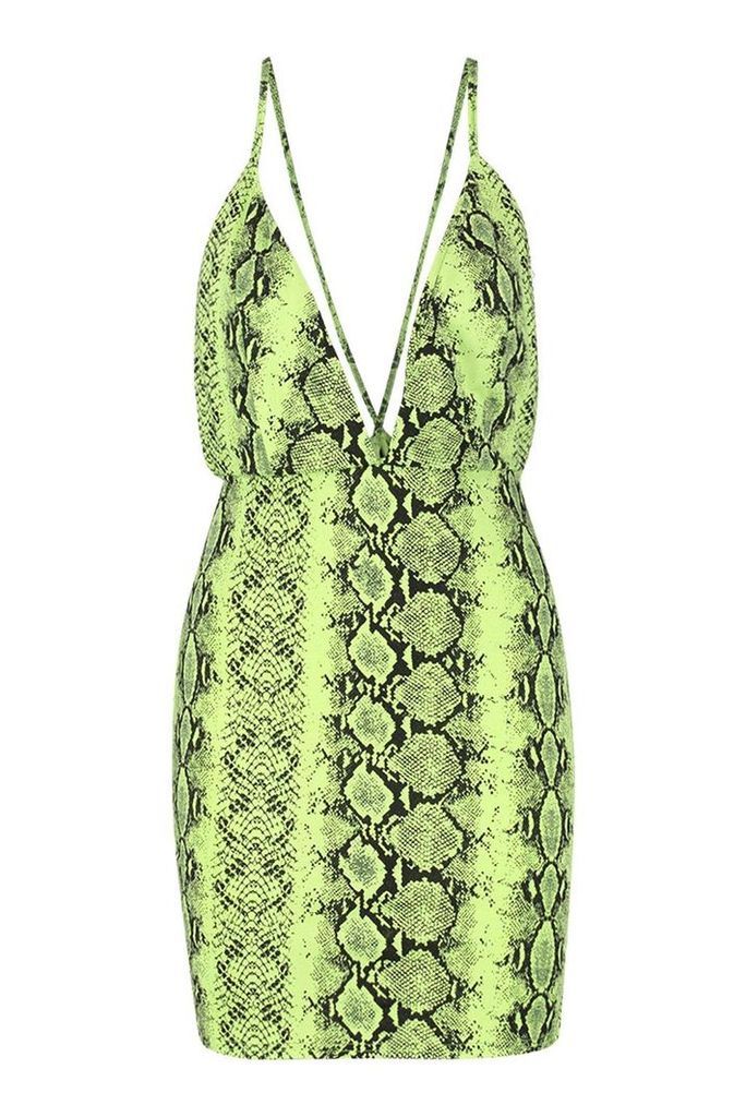 Womens Neon Snake Extreme Plunge Bodycon Dress - green - 14, Green