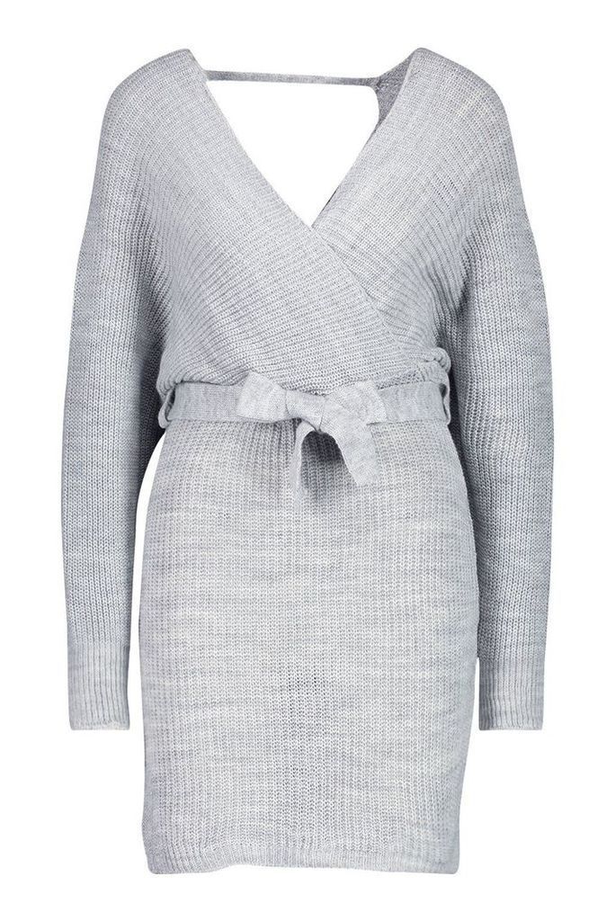 Womens Wrap Knitted Dress - grey - M/L, Grey