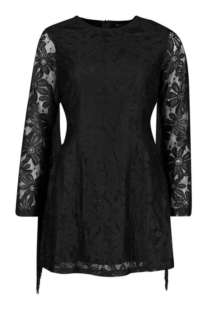 Womens Tassel Sleeve Lace Shift Dress - black - 8, Black