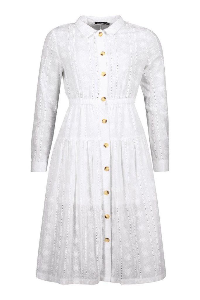 Womens Button Front Broderie Anglais Shirt Dress - white - 12, White