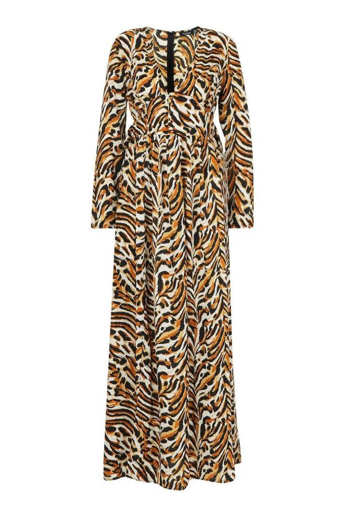 Womens Button Front Tiger Print Thigh Split Maxi Dress - beige - 12, Beige