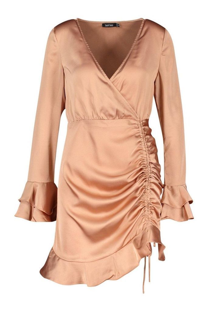 Womens Rouched Front Flared Sleeve Wrap Dress - beige - 14, Beige