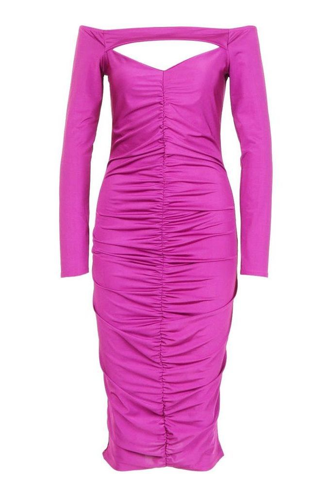 Womens Off The Shoulder Ruched Detail Midi Dress - purple - 8, Purple