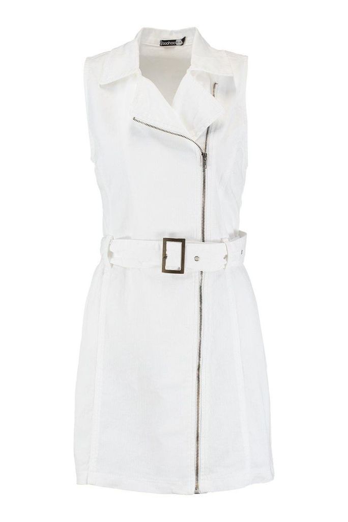 Womens Sleeveless Belted Zip Denim Dress - white - 12, White