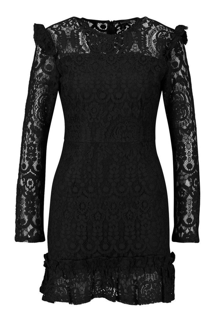 Womens Lace Frill Detail Mini Dress - black - 8, Black