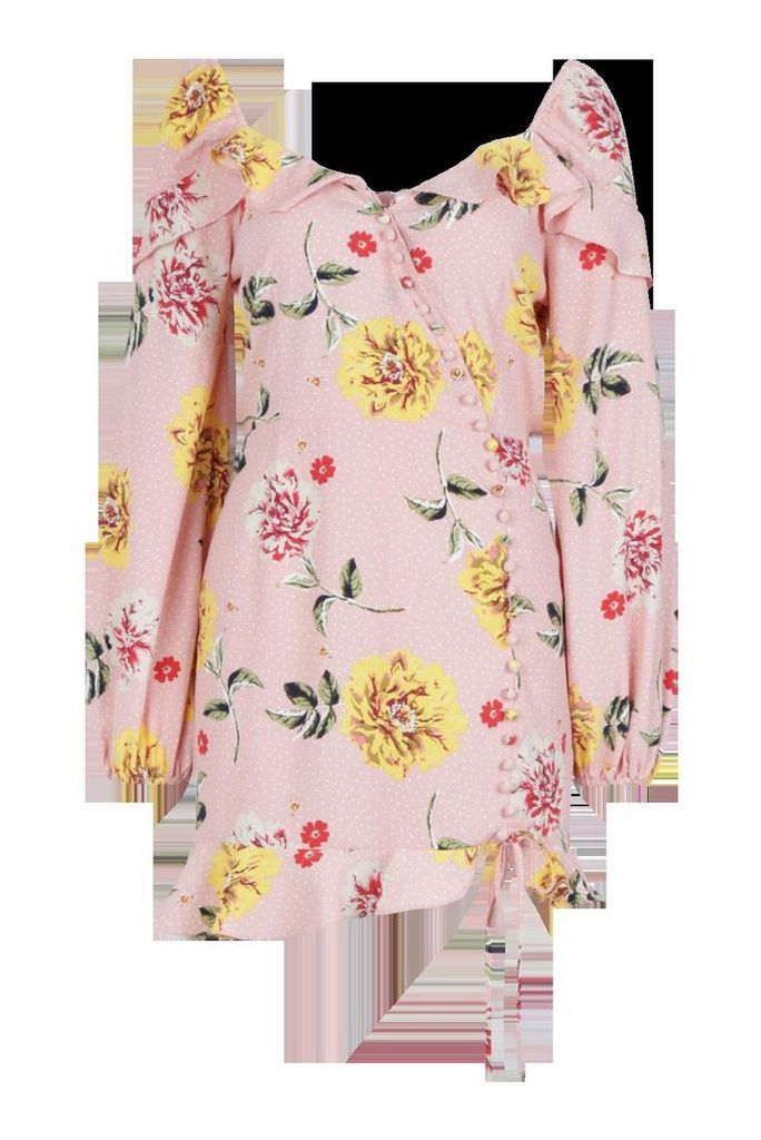 Womens Ruffle Button Front Tea Dress - Pink - 14, Pink