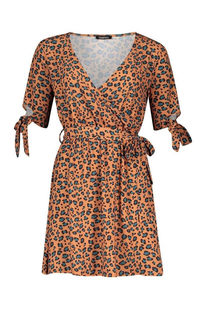 Womens Leopard Print Tie Sleeve Tea Dress - orange - 8, Orange