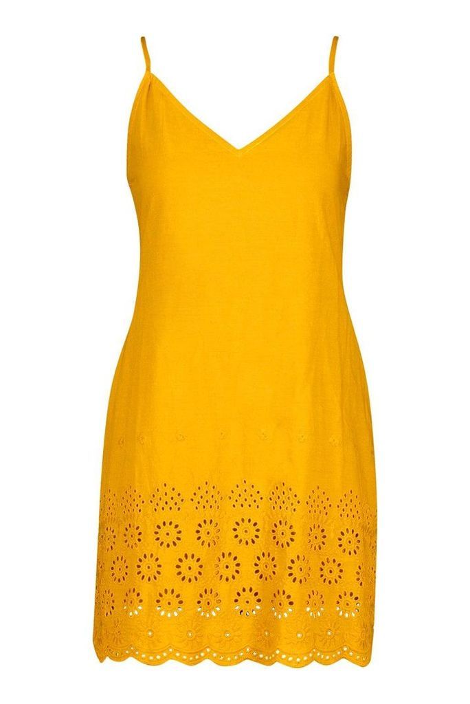 Womens Embroidered Tie Cami Slip Dress - yellow - 12, Yellow