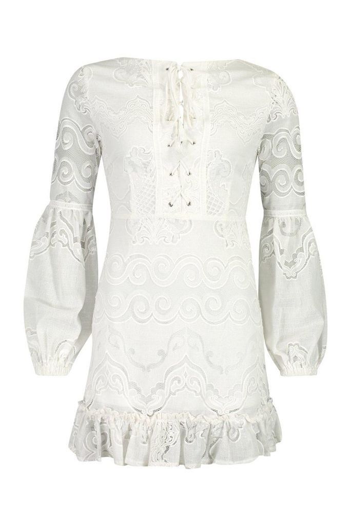 Womens Lace Up Front Balloon Sleeve Mini Dress - white - 12, White