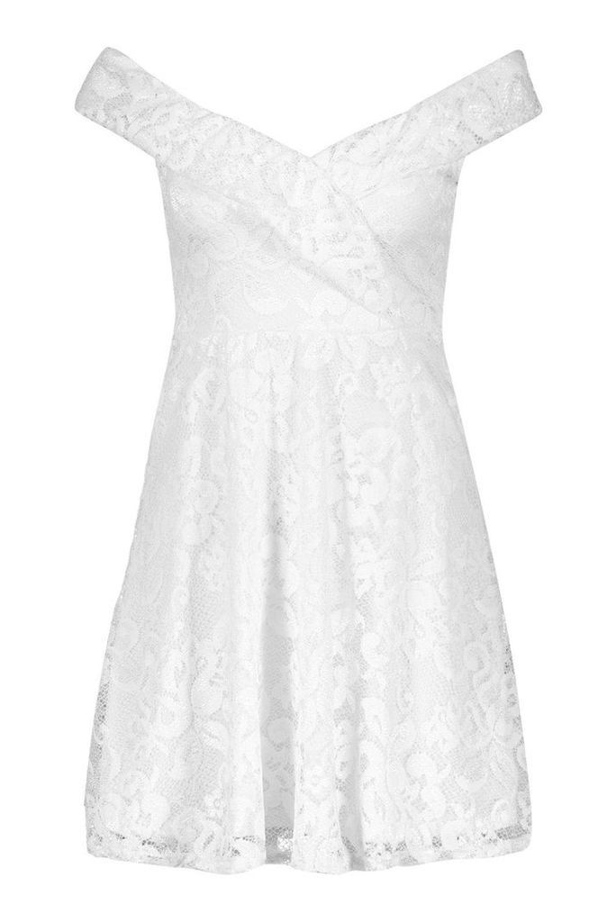 Womens Lace Bardot Sweetheart Neck Skater Dress - white - 10, White