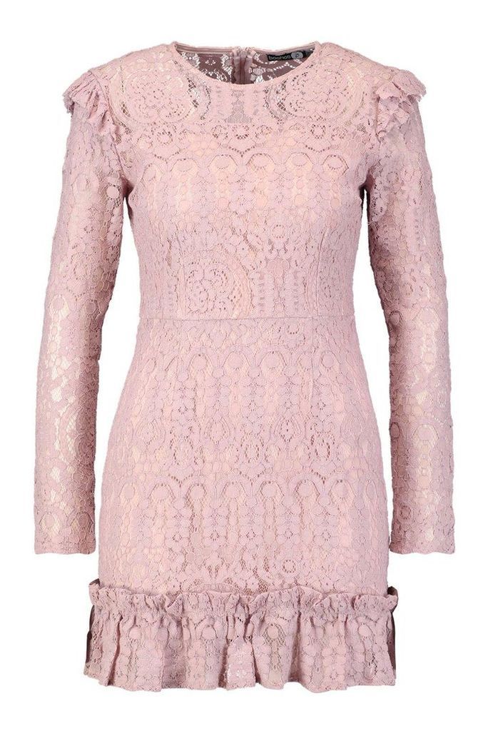 Womens Lace Frill Detail Mini Dress - pink - 6, Pink