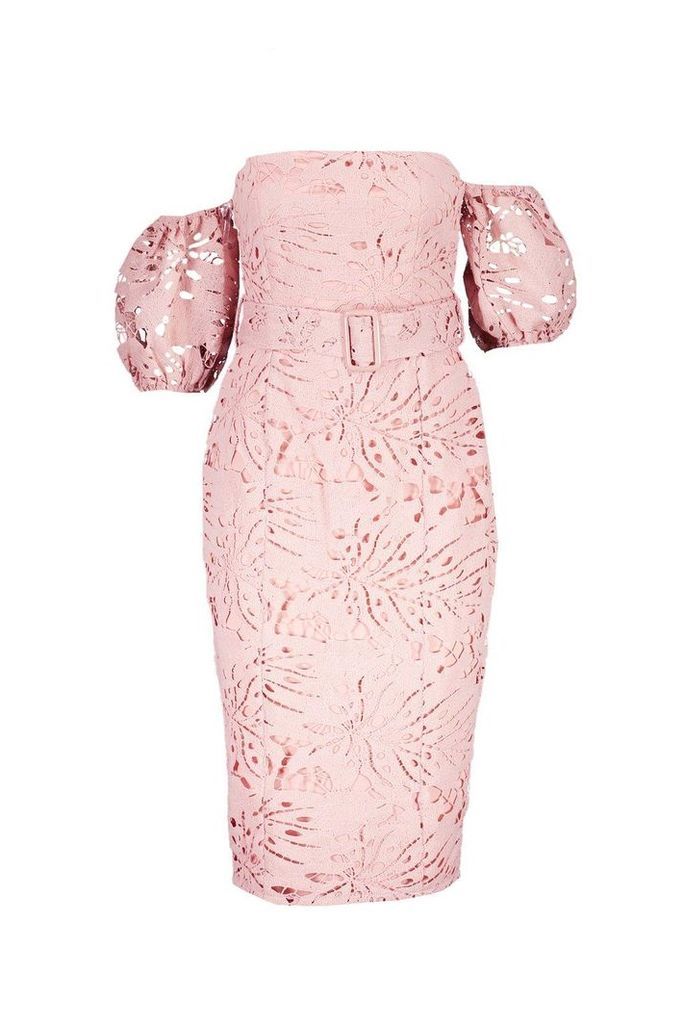 Womens Lace Off The Shoulder Belted Midi Dress - Pink - 6, Pink