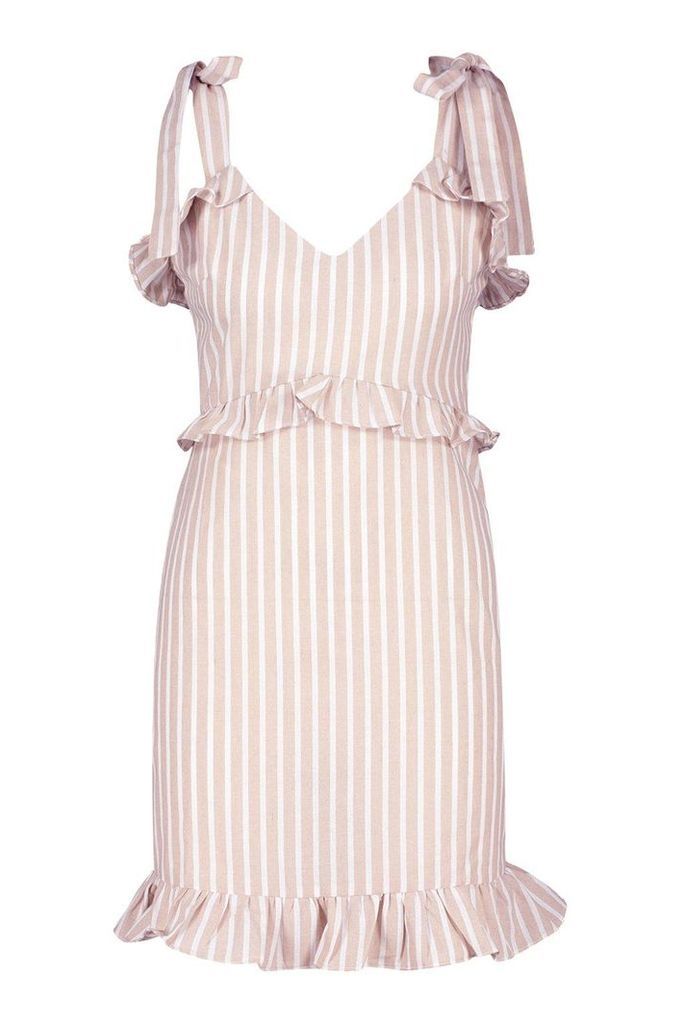 Womens Cotton Stripe Ruffle Detail Shift Dress - cream - 16, Cream