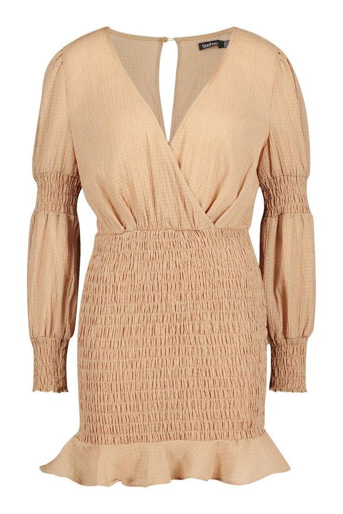 Womens Shirred Crinkle Fabric Mini Dress - beige - 12, Beige