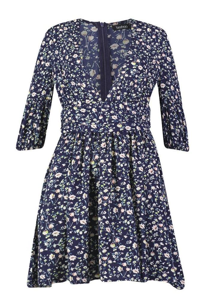 Womens Ditsy Floral Rouched Waist Skater Dress - navy - 8, Navy