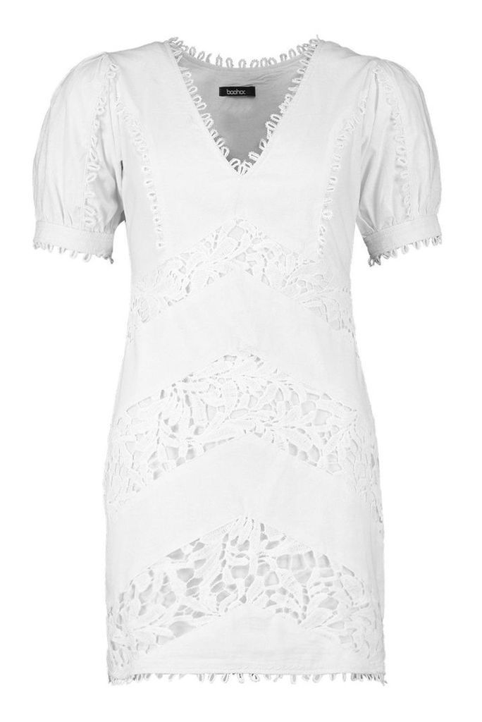 Womens Lace Trim Linen Puff Sleeve Mini Dress - white - 14, White