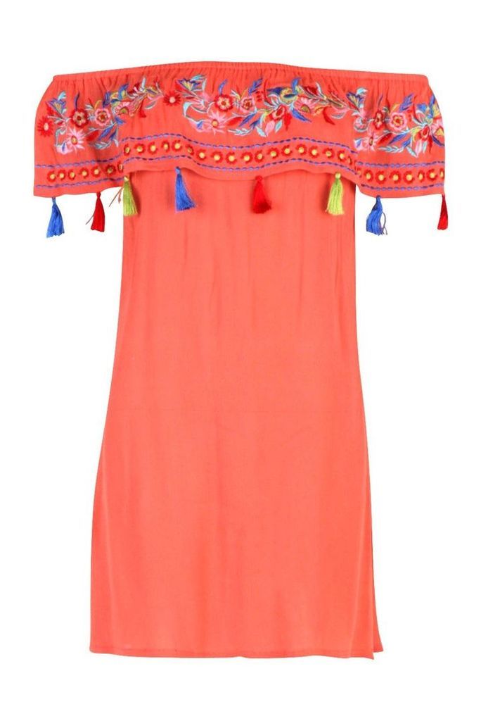 Womens Bohemian Embroidered Off The Shoulder Dress - orange - 14, Orange