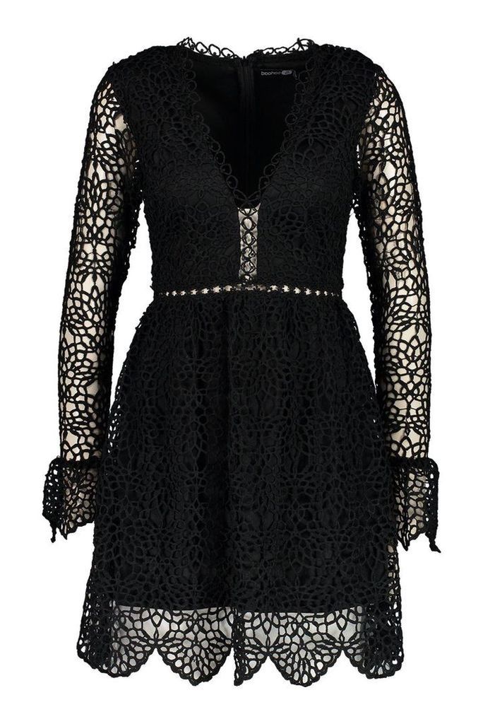 Womens Premium Lace Flared Sleeve Skater Dress - black - 16, Black