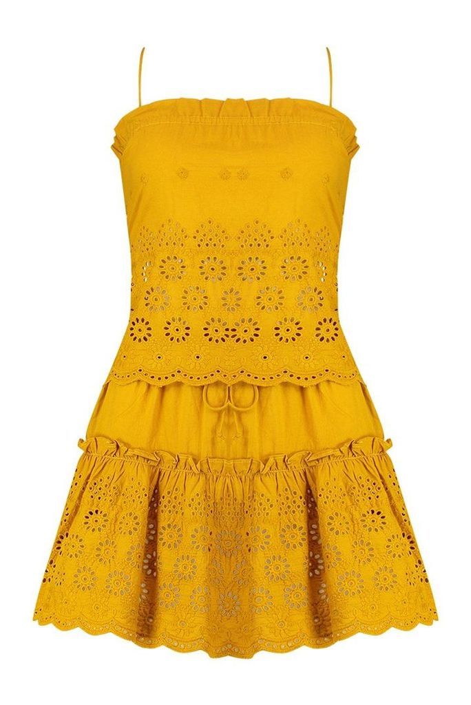 Womens Embroidered Swing Cami Skirt Co-Ord Set - yellow - 14, Yellow