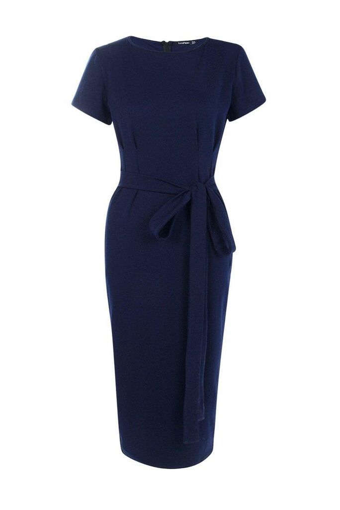 Womens Pleat Front Belted Tailored Midi Dress - Navy - 14, Navy