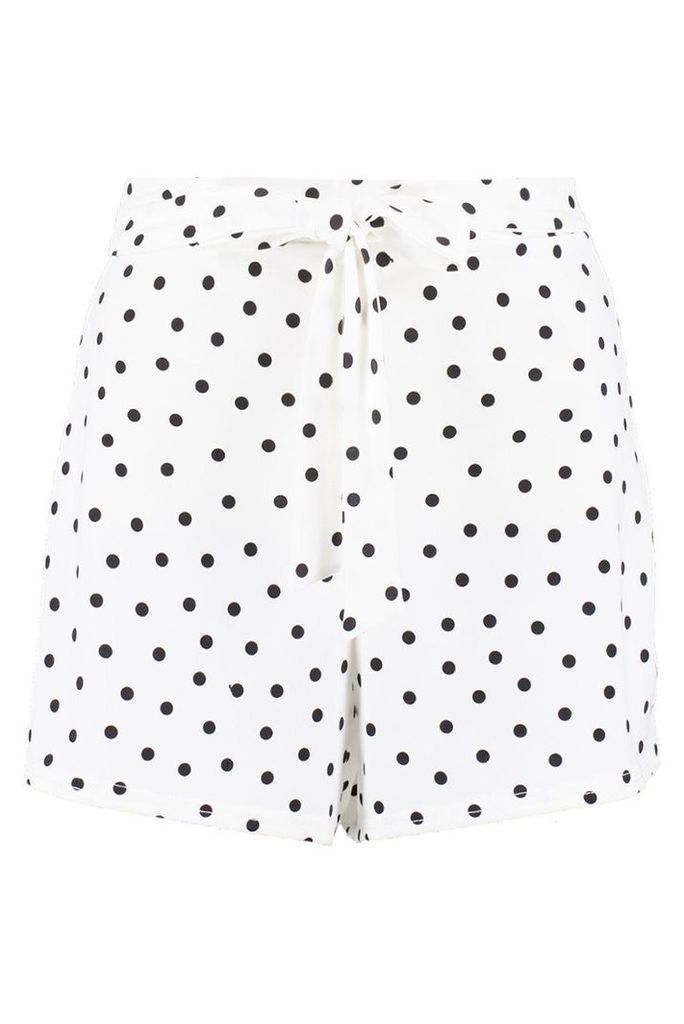 Womens Polka Dot Flippy Tie Belt Shorts - White - 8, White