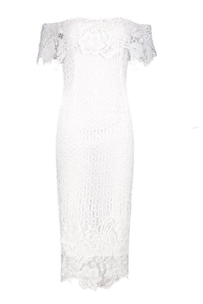 Womens Boutique Lace Off Shoulder Midi Dress - White - 14, White