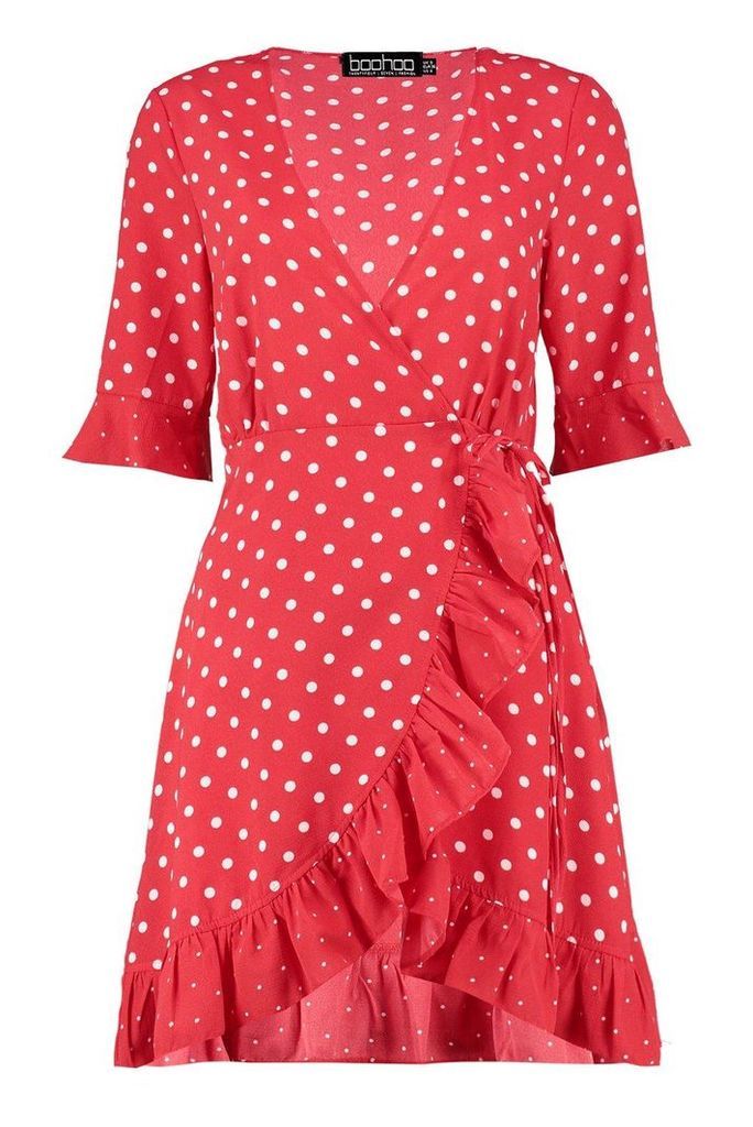 Womens Mixed Polka Dot Wrap Front Tea Dress - Red - 12, Red